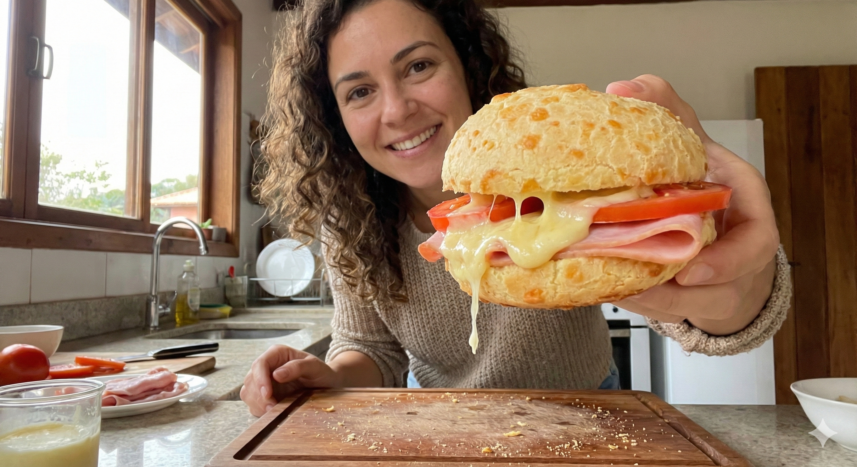 Consumidora segurando um sanduiche com produto Mandiok