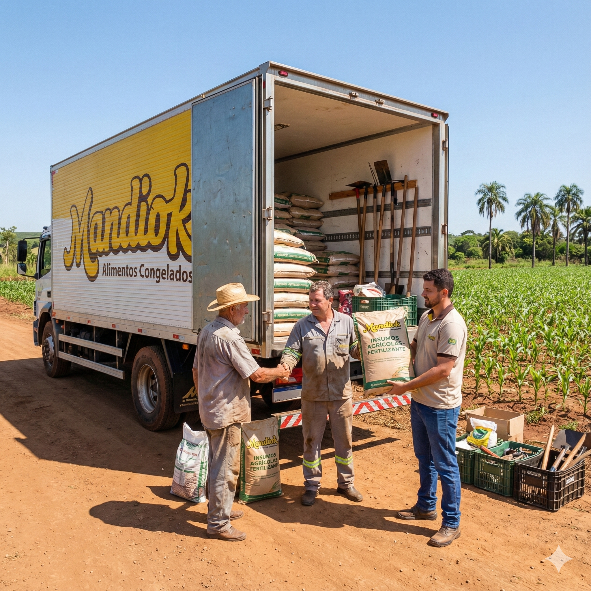 Equipe Mandiok entregando produtos no campo
